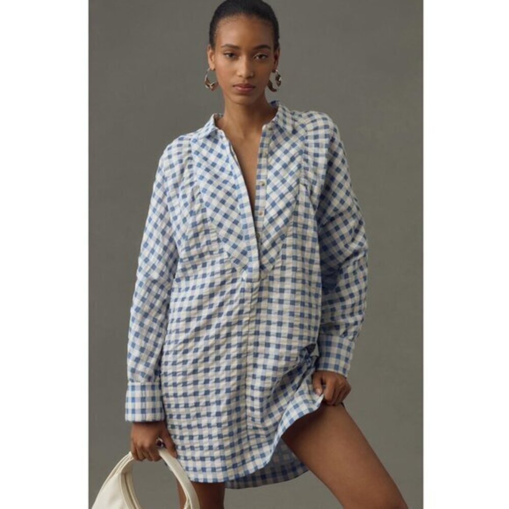 Anthropologie Blue and White Gingham Shirt Dress